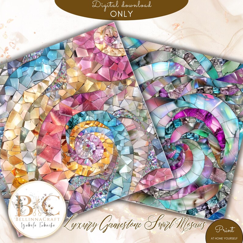 May include: Digital download of two mosaic designs with a gemstone swirl pattern. The designs feature a spiral motif with a mix of pink, blue, and gold tones. The text "Luxury Gamestone Swirl Mosaics" is visible.