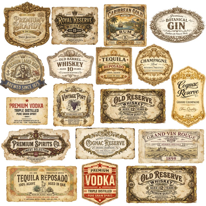Vintage Alcohol Labels Clipart Bundle, Antique Liquor Bottle Labels PNG ...