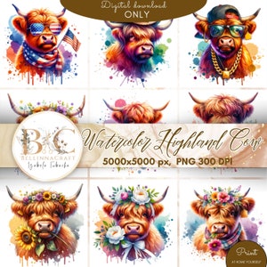 Watercolor Highland Cow PNG, Watercolor Highland clipart, Highland Cow, Baby Shower Decor, Boho Animal, Highland Cow Bundle, Cow PNG Clipart