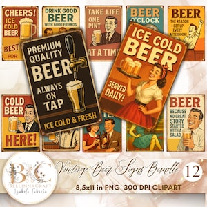 Bundel vintage bierborden, 12 retro bar-muurkunstprints, grappige biercitaten png, decor mangrot, metalen bierbord clipart, bierposter png