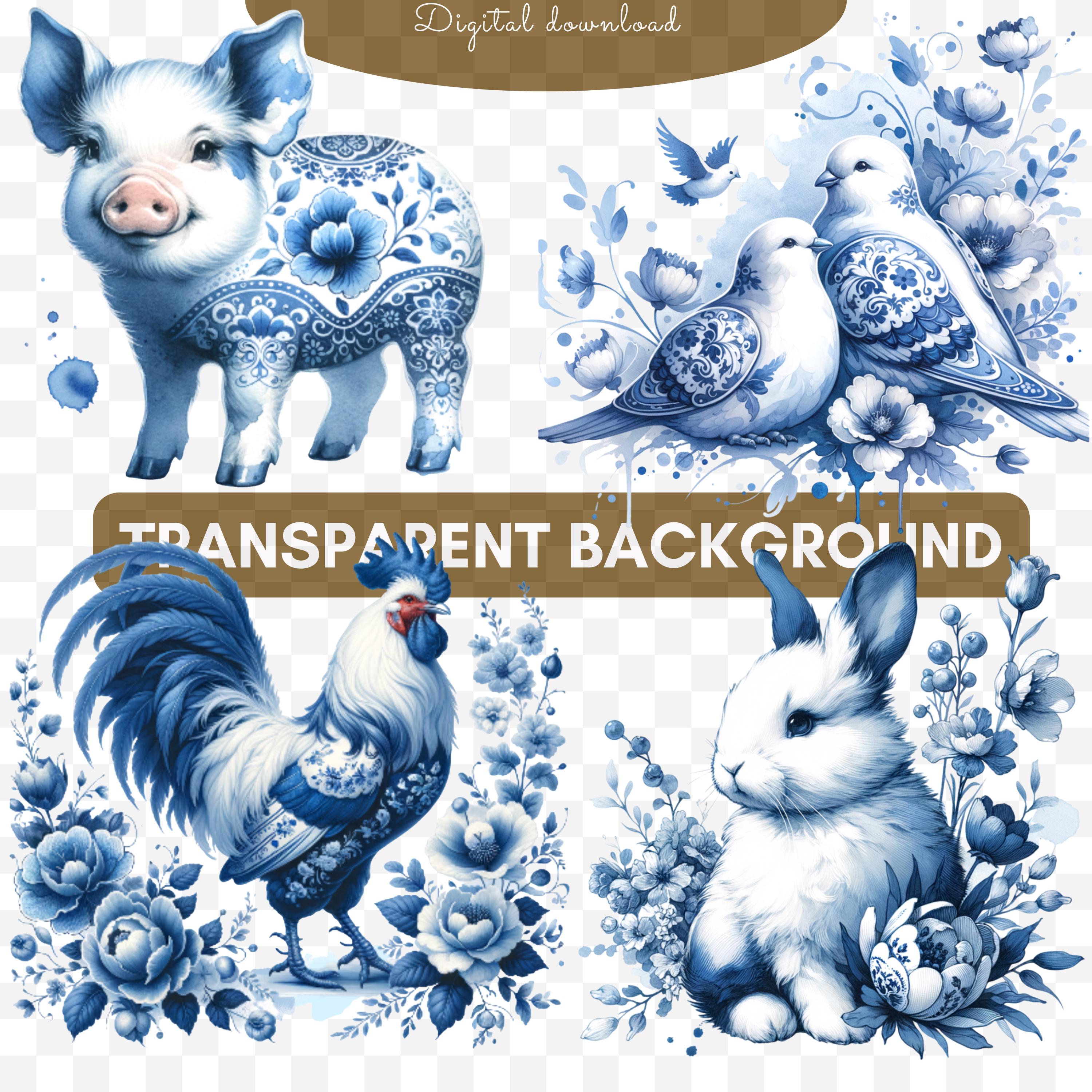 Delft Blue Animals Clipart Set, Cobalt Blue Watercolor Animals PNG ...