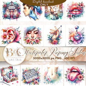 May include: A digital collage of watercolour illustrations featuring a piercing salon, jewellery, and body parts with piercings. The illustrations are in a vibrant pink, blue, and green colour palette. The text "BELLINNACRAFT Izabela Tubacha Watercolor Piercing Salon 5000x5000 px PNG 300 DPI" is at the bottom of the image.