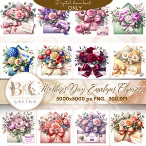 Envelopes Clipart Dia das Mães, Envelope Floral PNG, Clipart Shabby Chic, Cartão Dia das Mães, Envelope Elegante, Clipart Feliz Dia das Mães