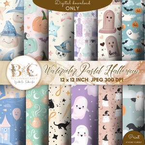 Carta digitale senza soluzione di continuità con acquerello pastello per Halloween, simpatici sfondi stampabili per Halloween, fantasmi kawaii, zucche e streghe, JPG di Halloween