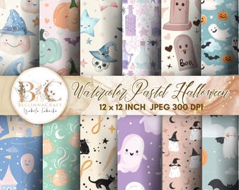 Watercolor Pastel Halloween Seamless Digital Paper, Cute Halloween Printable Backgrounds, Kawaii Ghosts, Pumpkins and Witches, Halloween JPG