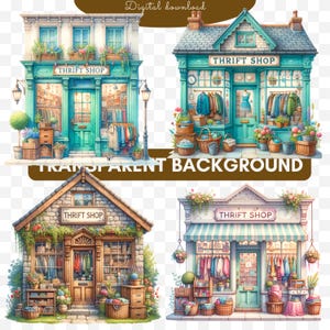 May include: Digital download showing four watercolour illustrations of thrift shops. Each shop has a unique architectural style, with teal and pastel colour schemes, clothing racks, and floral accents. The text "THRIFT SHOP" is displayed on each building.
