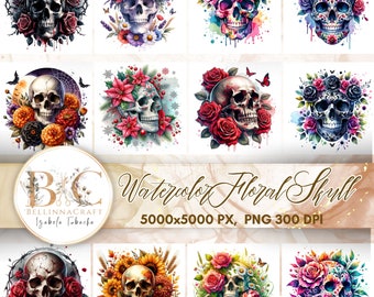 Watercolor Floral Skull Clipart, Floral Skull Clip Art Bundle, Floral Skull Clip Art , Gothic Clipart, Fantasy Clip art, Skull png, Wiccan