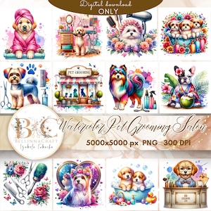 Clipart aquarelle de salon de toilettage pour animaux de compagnie, partie 2. Salon de spa pour chiens PNG. Toiletteur, Spa pour chien mignon, PNG pour chien, Bain pour chien, Coupe de cheveux pour chien, Articles pour animaux de compagnie