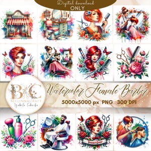 Clipart aquarelle femme barbier. Femme, salon de coiffure, salon de coiffure Clipart. Illustrations de coiffeur barbier. Lot d'oeuvres d'art pour coiffeur pour fillettes