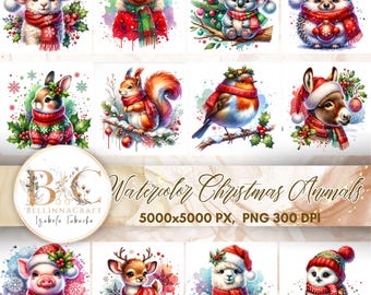 Aquarell Weihnachtstiere Clipart, entzückende Tiere Weihnachten Illustration, Süße Weihnachtstiere PNG, Winterferien Tiere PNG