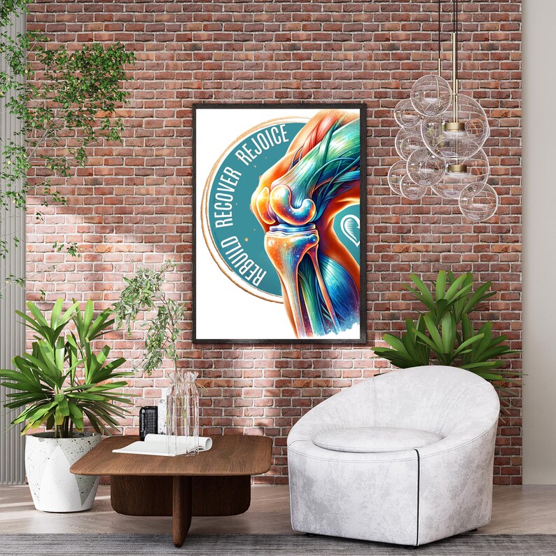 May include: A framed print featuring a colorful anatomical illustration of a knee joint. The artwork includes the words "REBUILD, RECOVER, REJOICE" in a circular design. The print is displayed on a brick wall, with plants and modern furniture in the foreground.