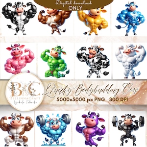 Vache musclée originale des cliparts dessin animé 3D, des cliparts vache musclée, lunatique des cliparts vache, des cliparts vache originale, dessin animé amusant vache des cliparts PNG