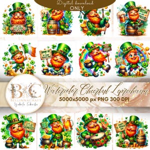 Aquarell fröhliche Kobold Clipart, niedlichen St. Patrick's Day PNG, Shamrock Clipart, Topf voller Gold, wunderlicher Kobold mit orangen Bart
