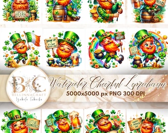 Watercolor Cheerful Leprechaun Clipart, Cute Saint Patrick's Day PNG, Shamrock Clipart, Pot of Gold, Whimsical Leprechaun with Orange Beard