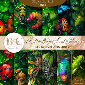 May include: Digital download of 3D realistic bug seamless patterns. The image features various insects like butterflies, bees, and beetles, set against a backdrop of lush green leaves. The patterns are 12 x 12 inches.