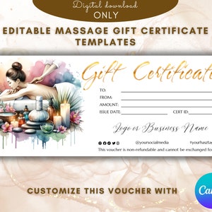 Plantilla de Certificado de Regalo de Masaje Elegante Plantilla de Tarjeta de Regalo de Masaje SPA Vale de Regalo Vale Imprimible EDITABLE Plantilla de Tarjeta de Regalo de Masaje
