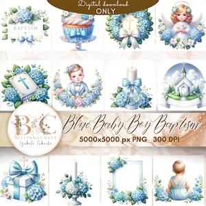 Clipart battesimo neonato blu acquerello, Clipart battesimo blu pastello, Battesimo fiori ortensia, Invito battesimo neonato Boundle PNG