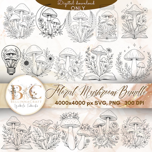 Floral Mushroom SVG Bundle, 20 Botanical Mushroom Clipart Designs, Mystical Mushroom svg, Magic Mushroom svg, Boho Mushroom svg, Open Book