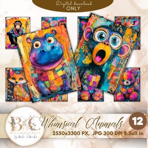May include: A digital download featuring 12 whimsical animal illustrations. The artwork includes a monkey, hippo, fox, and bear, each with vibrant colors and unique patterns. The image includes the text "Digital download ONLY" and "Whimsical Animals". The image dimensions are 8.5x11 inches.