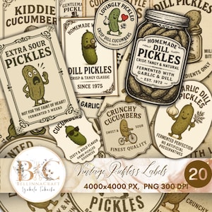 Clipart étiquettes de cornichons vintage, étiquettes de pots de cornichons rétro pour la mise en conserve, décoration de cuisine et journaux indésirables, autocollant de cornichons fait maison, amateurs de cornichons