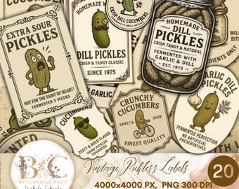 Etiquetas de pepinillos vintage, etiquetas retro para frascos de pepinillos, decoración de cocina y diarios basura, pegatinas caseras de pepinillos, para amantes de los pepinillos
