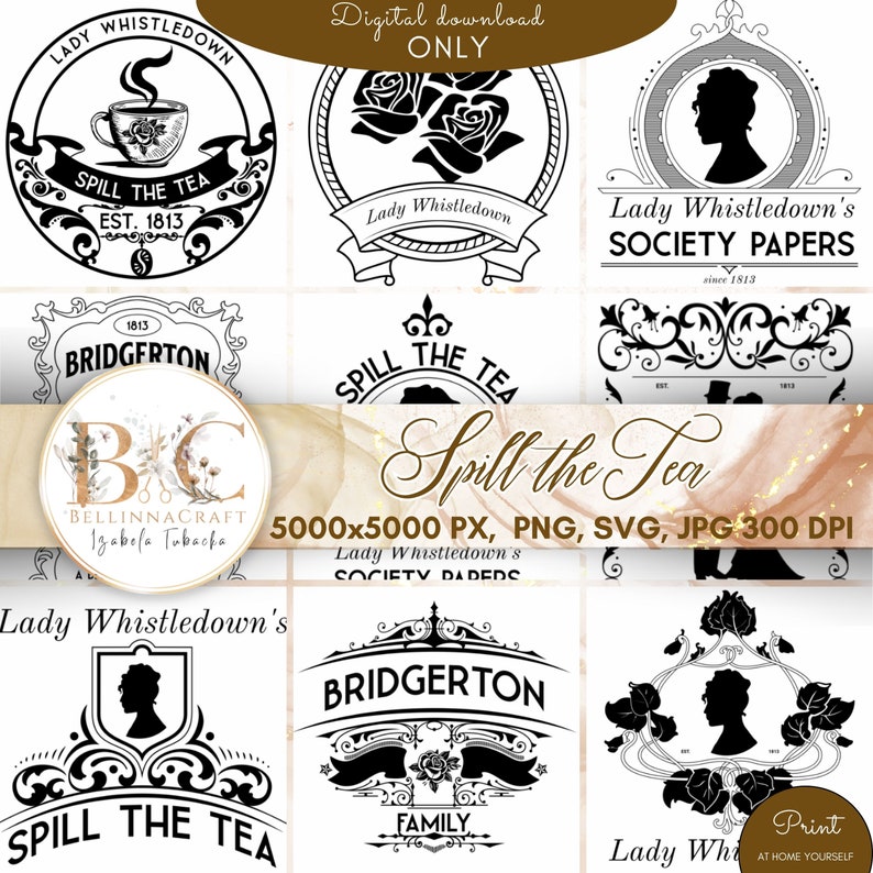 Pode incluir: Um conjunto de nove downloads digitais em preto e branco com v&aacute;rios designs inspirados na popular s&eacute;rie de televis&atilde;o Bridgerton. Os designs incluem texto como "Lady Whistledown's Society Papers", "Spill the Tea" e "Bridgerton Family".
