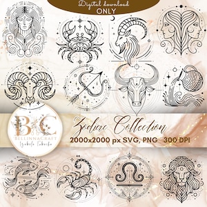 Pakiet SVG Zodiak, Symbole astrologiczne w stylu sztuki plemiennej, Cliparty znaków zodiaku, Pliki cięte laserowo SVG PNG, Wektor zodiaku Mystic
