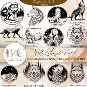 Puede incluir: Una colección de ilustraciones de lobos en blanco y negro, en varias poses y entornos. Los diseños incluyen lobos corriendo, aullando y descansando, con textos como "Run with the Wild" y "Stay True". La imagen también incluye el texto "Wolf Spirit Vector".