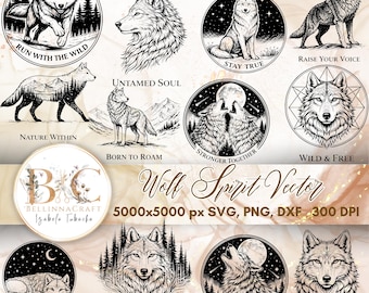Wolf Spirit Vector Collection, Bold Line Art Wolves with Quotes, Tattoo, SVG & T-Shirt Designs, Wild Wolf Line Art Vectors, Majestic Wolf