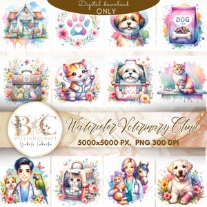Watercolor Veterinary Clinic Clipart, Vet Clipart, Veterinary Center Clipart, Pets Health Clipart, Pets Clipart, Animal Clinic Clipart PNG
