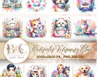 Watercolor Veterinary Clinic Clipart, Vet Clipart, Veterinary Center Clipart, Pets Health Clipart, Pets Clipart, Animal Clinic Clipart PNG