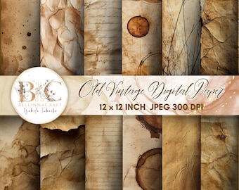 May include: Set of 12 digital papers featuring vintage textures in shades of brown and beige. The papers have a distressed, aged look with visible creases, stains, and writing. The papers are 12 x 12 inches and 300 DPI.
