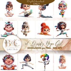 Pacchetto di clipart PNG di ragazza eccentrica in 3D, PNG di ragazza yoga stravagante, clipart di bambola ragazza carina, pose yoga divertenti, immagini ad alta risoluzione