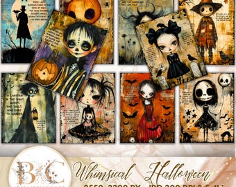 May include: A set of 8 digital printable images featuring whimsical Halloween illustrations. The images feature spooky characters, pumpkins, bats, and other Halloween imagery. The images are perfect for scrapbooking, card making, and other crafting projects.