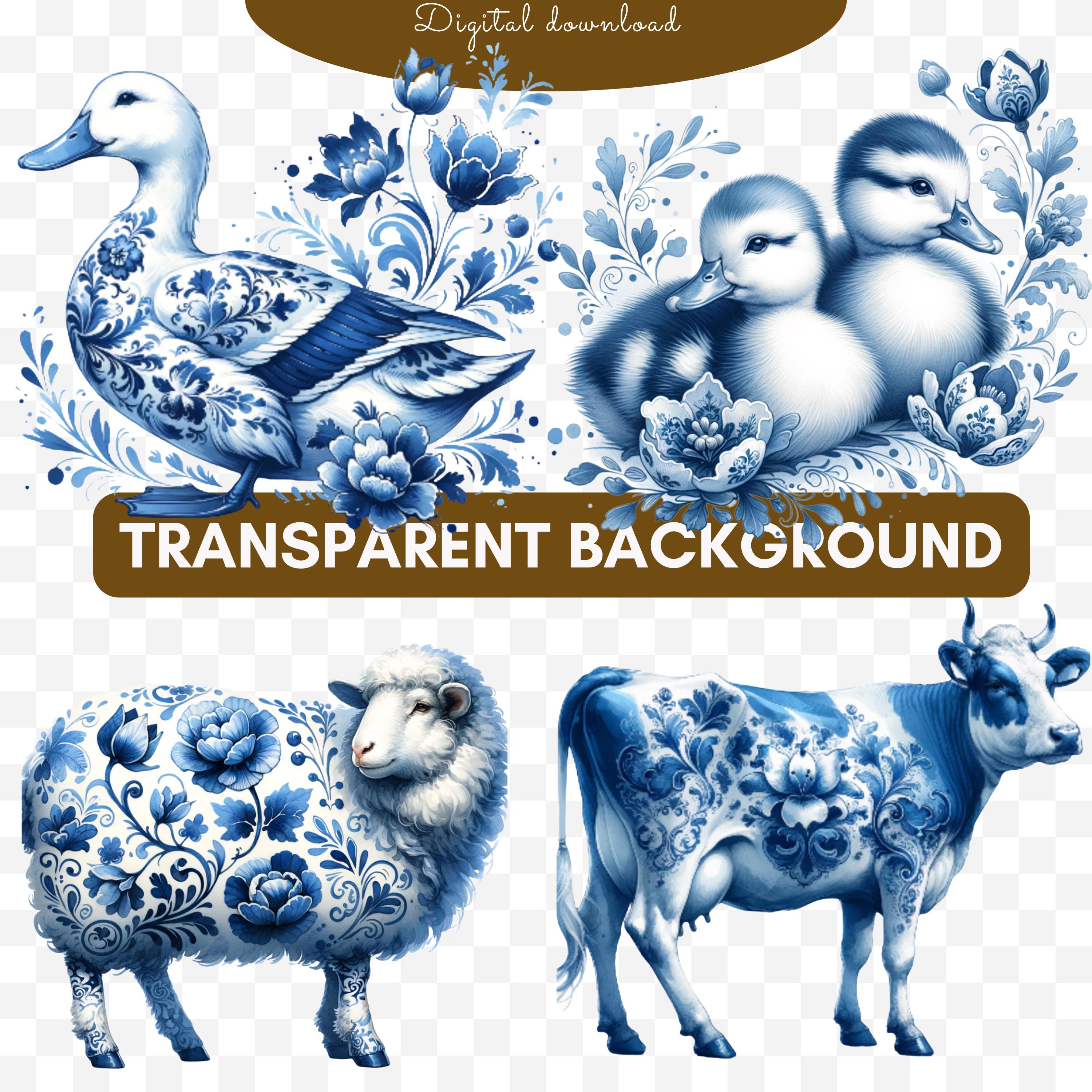 Delft Blue Animals Clipart Set, Cobalt Blue Watercolor Animals PNG ...