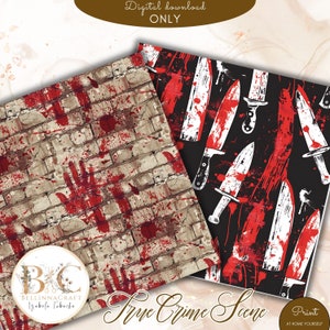 May include: Two digital paper designs for scrapbooking or crafting. One design features a brick wall with red handprints and blood splatters. The other design features a black background with white knives and red blood splatters. The text "True Crime Scene" is printed on the image.