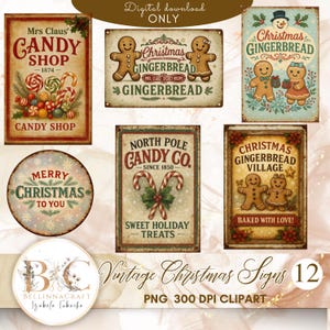 Paquete de imágenes prediseñadas de letreros navideños vintage: 12 carteles navideños retro con Papá Noel, dulces, juguetes, letreros navideños vintage para pared y letreros metálicos PNG