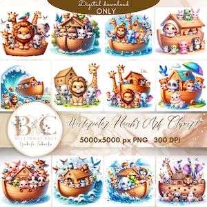 Watercolor Noah&#39;s Ark Clipart PNG, Christian Clipart Set, Noah&#39;s Ark Digital Image, Transparent Bible Clipart, Cute Noah&#39;s Ark, Baby Animals