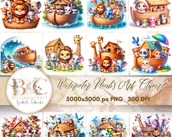 Watercolor Noah's Ark Clipart PNG, Christian Clipart Set, Noah's Ark Digital Image, Transparent Bible Clipart, Cute Noah's Ark, Baby Animals
