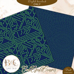 Peut inclure: Deux motifs num&eacute;riques imprimables repr&eacute;sentant un circuit imprim&eacute; vert sur un fond bleu fonc&eacute;. Le premier motif est un motif de circuit imprim&eacute; r&eacute;p&eacute;titif. Le deuxi&egrave;me motif est un motif circulaire de 1 et 0 verts sur un fond bleu fonc&eacute;. Le texte "Code Craft Canvas" est visible en bas de l'image.