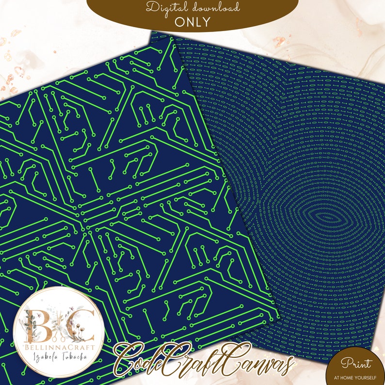 Peut inclure: Deux motifs num&eacute;riques imprimables repr&eacute;sentant un circuit imprim&eacute; vert sur un fond bleu fonc&eacute;. Le premier motif est un motif de circuit imprim&eacute; r&eacute;p&eacute;titif. Le deuxi&egrave;me motif est un motif circulaire de 1 et 0 verts sur un fond bleu fonc&eacute;. Le texte "Code Craft Canvas" est visible en bas de l'image.