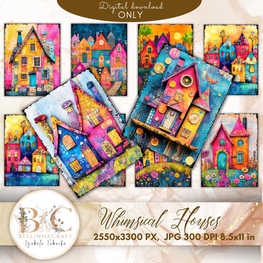 Whimsical Houses Colorful Background Images, Mixed Media Houses Junk ...