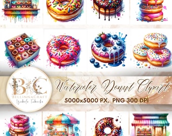 Clipart Donuts aquarelle, Donuts Clipart, Clipart pâtisserie, Donut saupoudré, Clipart aquarelle boutique de donuts, Donut Party, Bundle de donuts
