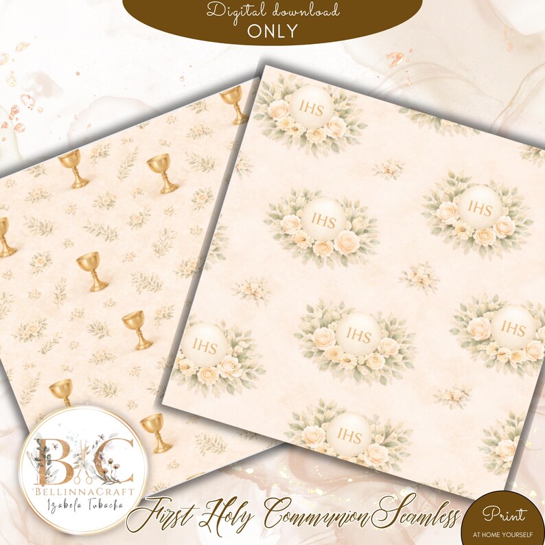 First Holy Communion Seamless Digital Paper, IHS Chalice Floral ...