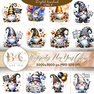 Aquarela Feliz Ano Novo Gnomo Clipart PNG, Gnomos de Ano Novo, Pacote de Aquarela Gnomos de Ano Novo Clipart 2025, Ano Novo 2025 PNG, Gnomo Fofo