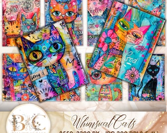 Whimsical Cats Colorful Background Images, Mix Media Cat Junk Journal, Cats Junk Journal Printable JPEG files, Cat print, Scrapbook pages,