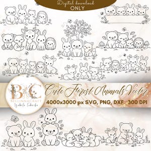 Könnte beinhalten: Eine digitale Download-Sammlung von schwarz-weißen Strichzeichnungen mit Gruppen von Waldtieren wie Bären, Kaninchen, Füchsen, Hirschen, Igeln und Eichhörnchen. Der Text lautet Digital download ONLY, Cute Forest Animals Vector, 4000x3000 px SVG, PNG, DXF, 300 DPI und BELLINNACRAFT Izabela Tubacka.
