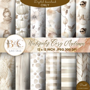 Aquarell Gemütliche Herbst Muster, Wolle Muster, Neutral Herbst Digitales Papier, Herbstlaub, Kürbisse, Scrapbook Papier, Gemütlicher Herbst