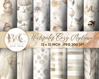 May include: A set of 12 digital paper designs featuring watercolor illustrations of pumpkins, leaves, flowers, and knit textures in shades of beige, brown, and white. The papers are 12 inches by 12 inches and 300 DPI. The text "Watercolor Cozy Autumn" is included in the image.
