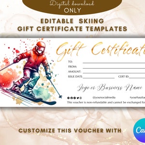 Plantilla de certificado de regalo de esquí Plantilla de tarjeta de regalo para amantes de los deportes de invierno Vale de regalo Imprimible EDITABLE Sorpresa Viaje de esquí Revelar esquí